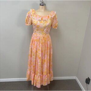 Vintage Handmade Dress Small Orange Floral Airy Cotton Fit Flare Puff Sleeve